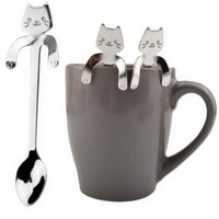 Spoons Cute Cat Pattern Flatware Long Handle Spoon Silver