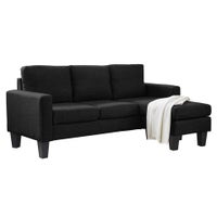 Three Seater Black Colour Linen Fabric Corner Sofa Chaise Couch Lounge Suit Set with Ottoman