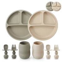 Silicone Baby Feeding Set Contain Plate and Tiny Cup ,Baby Led Weaning Supplies Self Feeding Eating Utensils