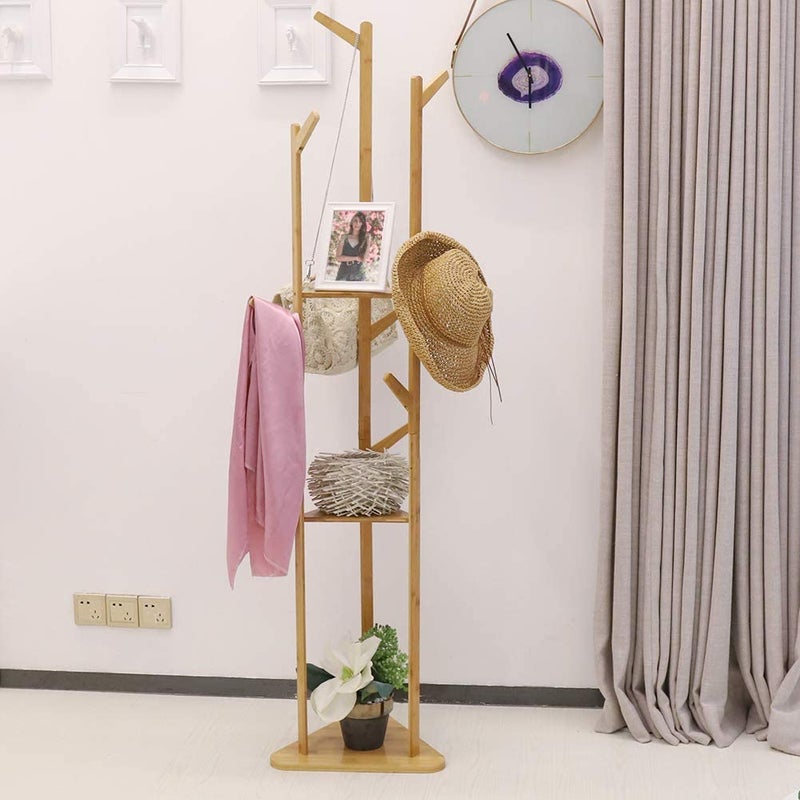 Coat Rack Stand, Bamboo Coat Trees Free Standing Coat Hat Stand Storage Rack Hall Tree for Hallway Entryway