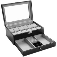 Leather 12 Watch Box with Jewelry Display Drawer Lockable Watch Case Organizer