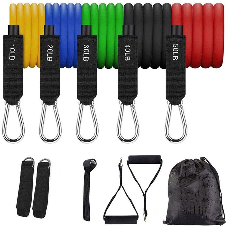 Resistance Band Set Includes 5 Stackable Exercise Bands with Handles, Carry Bag, Ankle Straps and Door Anchor Accessory