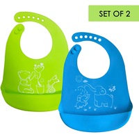 Waterproof Silicone Baby Bibs (Set of 2) with Food Catcher Pocket – BPA Free, Food Grade Feeding & Weaning Bib for Toddlers