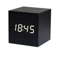 Digital Alarm Clock Wooden LED Light Multifunctional Modern Cube Displays Date Temperature for Home Office Travel-BLACK