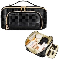 Large Capacity PU Leather Water-Resistant Checkered Cosmetic Bag Travel Makeup Bag