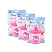 1st Steps 3PCE Sippy Cup Pink Unicorn Print Spill Resistant BPA Free 245ml