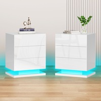 Alfordson 2x Bedside Table RGB LED Nightstand 3 Drawers 4 Side High Gloss White