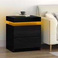 ALFORDSON Bedside Table - Perla 2 Drawers LED & High Gloss Nightstand (Black)