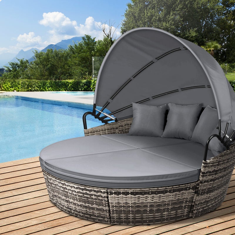 ALFORDSON Outdoor Sun Lounge Round Day Bed Wicker Furniture Grey