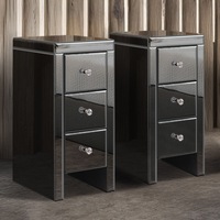 ALFORDSON Set of 2 Bedside Table - Ainsley 3 Drawers Luxury Mirrored Glass Nightstand (Grey)