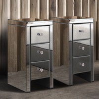 ALFORDSON Set of 2 Bedside Table - Ainsley 3 Drawers Luxury Mirrored Glass Nightstand (Silver)