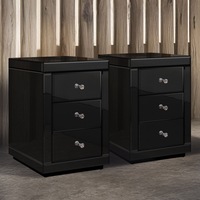 ALFORDSON Set of 2 Bedside Table - Freya 3 Drawers Luxury Mirrored Glass Nightstand (Black)