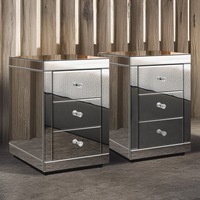 ALFORDSON Set of 2 Bedside Table - Freya 3 Drawers Luxury Mirrored Glass Nightstand (Silver)