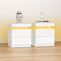 ALFORDSON Set of 2 Bedside Table - Perla 2 Drawers LED & High Gloss Nightstand (White)