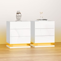 ALFORDSON Set of 2 Bedside Table - Zaim 3 Drawers LED & High Gloss Nightstand (White)