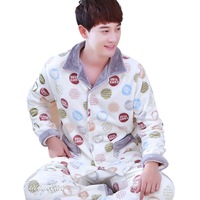 Winter Warm Flannel Pajamas Sets For Men Long Sleeve Coral Velvet Sleepwear Suit