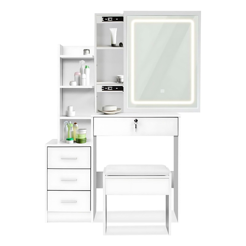 EKKIO Corner Dressing Table with LED Mirror Storage Drawer and Stool Set White