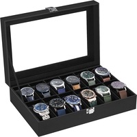 SONGMICS 12-Slot With Large Glass Lid Removable Pillow Watch Box - Black - Gift For Men
