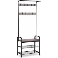 VASAGLE 3-In-1 Entryway Hall Tree with Shoe Bench, Coat Rack with 9 Hooks, Greige