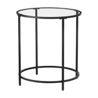 VASAGLE Round Side Table Glass with Metal Frame for Living Room Bedroom Black