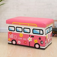 Kids Foldable Storage Stool PINK LOVE BUS