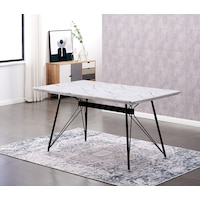 AINPECCA 1x 150x90cm Rectangular Dining Table Faux Marble White Look Black Metal Legs For Home Office Commercial Place