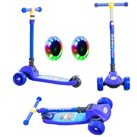AINPECCA Kids Scooter Blue LED Light Flashing Foldable 3 Wheels Kick Push Aluminum T Bar Adjustable Height Brake Toddler Ride On Toy