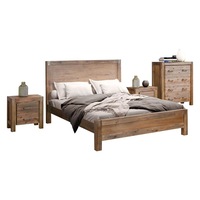 4 Pieces Bedroom Suite in Solid Wood Veneered Acacia Construction Timber Slat Queen Size Chocolate Colour Bed, Bedside Table & Tallboy