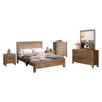 5 Pieces Bedroom Suite in Solid Wood Veneered Acacia Construction Timber Slat King Size Chocolate Colour Bed, Bedside Table , Tallboy & Dresser