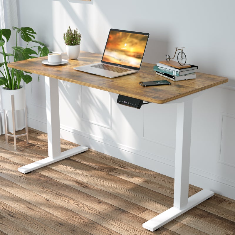 Adjustable Height Electric Standing Desk, Ergonomic Stand Up Desk Sit Stand Desk with 140 x 60cm Splice Board, White Matte Frame/Walnut Color Table Top