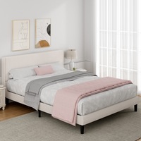 Advwin Bed Frame Double Size Fabric Upholstered Mattress Platform Base With Foam Headboard Beige