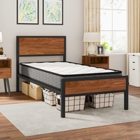 Advwin Bed Frame Single Size Metal Bed Base Industrial Platform Bed with Wooden Headboard