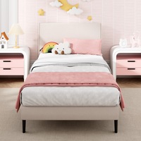 Advwin Bed Frame Single Size Mattress Base Fabric Upholstered Platform with Foam Headboard Beige