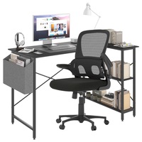 Advwin L Shaped Computer Desk with Storage Shelves and Mid-Back Mesh Office Chair with Flip-up Armrests Set Black