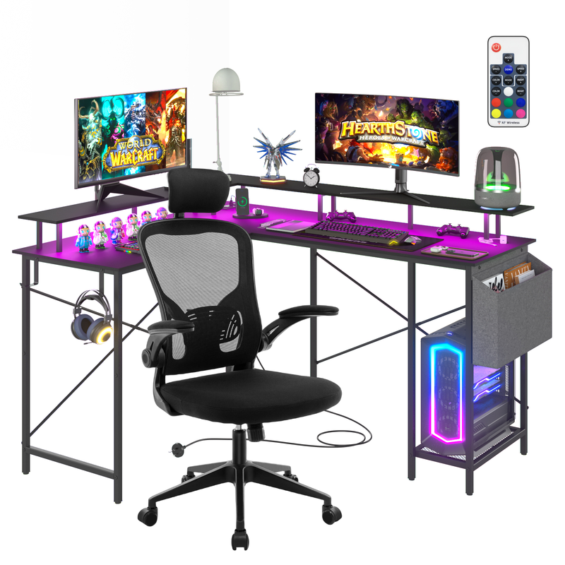 Advwin L Shaped Gaming Desk with LED Lights & Power Outlets and Ergonomic Computer Chair Set Black