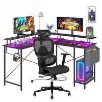Advwin L Shaped Gaming Desk with LED Lights & Power Outlets and Mesh High Back Desk Chair with Sliding Cushion Set Black