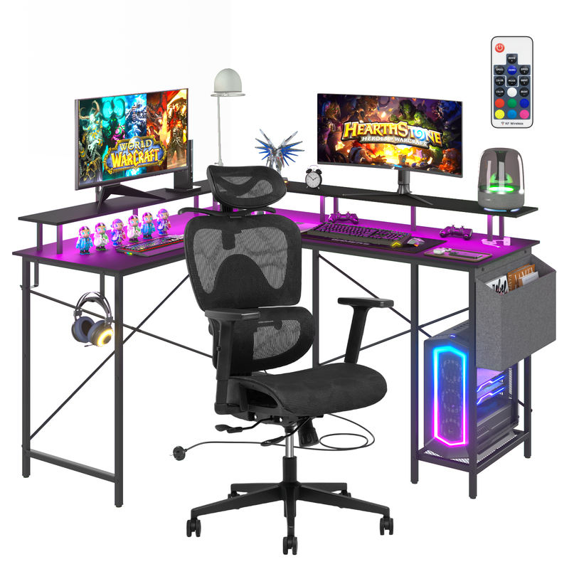 Advwin L Shaped Gaming Desk with LED Lights & Power Outlets and Mesh High Back Desk Chair with Sliding Cushion Set Black