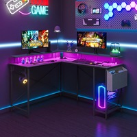 Advwin L Shaped Gaming Desk RGB LED Corner Desk with Monitor Stand Office Wokstation with 2 USB Ports and 2 Sockets, Hooks Black