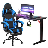 Gaming Chair Desk Set Office Table Racing Seat w/Footrest(Black Desk+Blue&Black Chair)