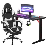 Gaming Chair Desk Set Office Table Racing Seat w/Footrest(Black Desk+White&Black Chair)