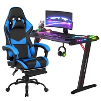 RGB Gaming Chair Desk Set Office Table Racing Seat w/Footrest(Black Desk+Blue&Black Chair)