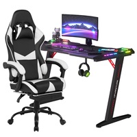 RGB Gaming Chair Desk Set Office Table Racing Seat w/Footrest(Black Desk+White&Black Chair)