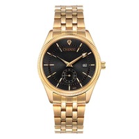 069A Calendar Gold Case Casual Men Watches Stainless Steel Strap Quartz Watch Gold-Black