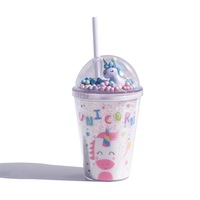 380ml Dream Unicorn Double Layer Plastic Water Cup With Straw Pink Girls Drinking Cup Kids Water Bottle