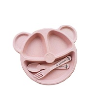 3Set Dinner Plate With Fork Spoon 20*20Cm Cartoon Bear Shape Baby Feeding Dinnerware Wheat Straw Children Breakfast Tray