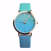 WOK13402 2 PCS Retro Gradient Color Design Leather Belt Quartz Watch for Men / Women(the rose gold shell is green under the blue)