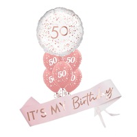 50th Birthday Rose Gold Balloon & Sash Party Pack