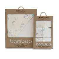 Bubba Blue Sleepy Safari Vanilla Hooded Towel & 3 Pack Face Washers Combo