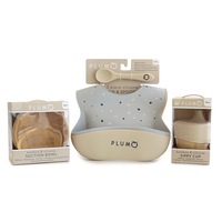 Plum Bamboo Suction Bowl  Sippy Cup and 2 Pack Silicone Bib + Silicone Spoon Combo