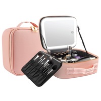Travel Adjustable Compartment Beauty Cosmetic Makeup Bag with LED Mirror Pink